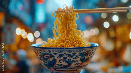 A bowl of asian noodles against the bokeh background of an asian tradional market photo