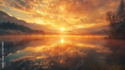 A captivating panorama capturing the ethereal beauty of a sunrise casting its warm hues over a serene lake