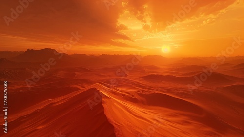 A vast desert landscape at sunset, with sand dunes stretching towards a fiery orange sky.