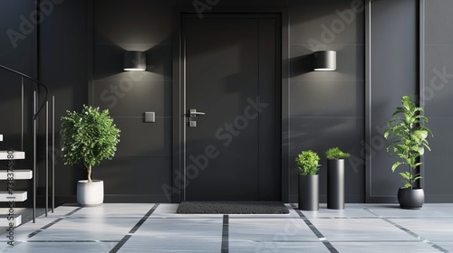 The stylish black front door of a modern house is rendered in 3D  accompanied by black walls  a doormat  pot plants  stairs  and lamps