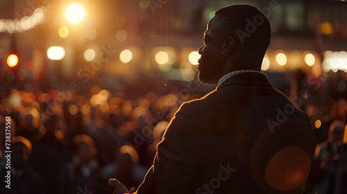 Black man in a business suit speaking to a crowd of people. Conference.