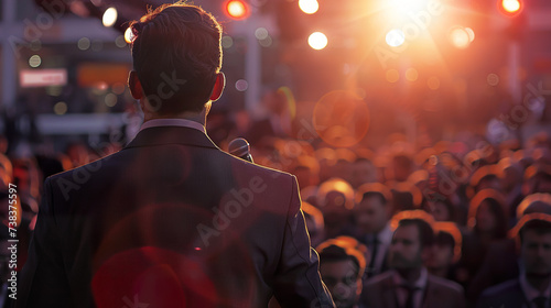 Man in a business suit speaking to a crowd of people. Conference.