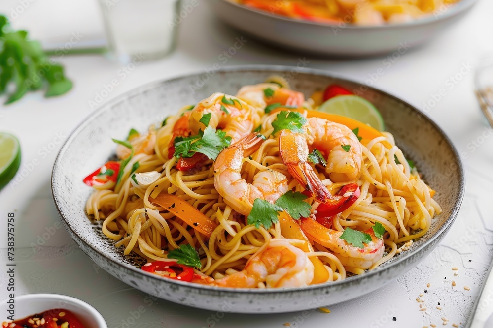 a stir-fried rice noodles with shrimps in dark gray bowl