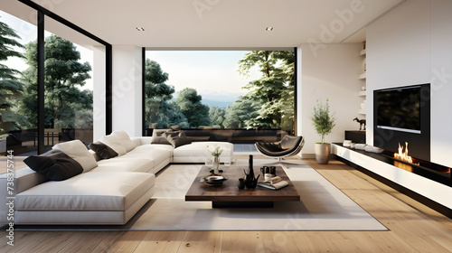 Modern Minimalist Living Room and Dining Area with a Panoramic View and Stylish Furniture