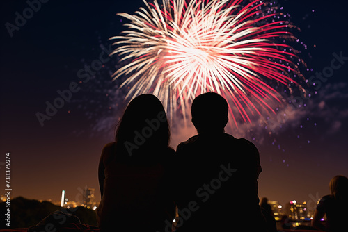 silhouette from behind of a young couple sitting outdoors at night watching a fireworks display