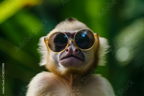 Pensive Baby Monkey with Big Expressive Eyes Wearing Reflective Sunglasses in a Lush Green Forest © AiHRG Design