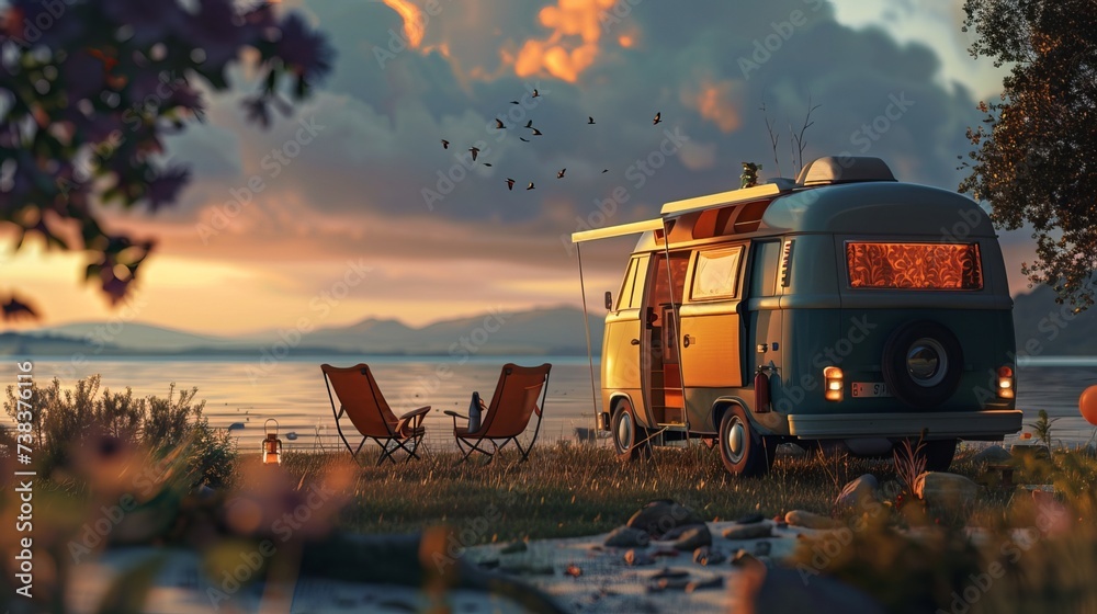 The family embarks on a journey in their camper, a house on wheels, a trailer, or a motorhome, embracing the romantic allure of road travel and the freedom it brings to their lives. They delight in ov The family embarks on a journey in their camper, a house on wheels, a trailer, or a motorhome, embracing the romantic allure of road travel and the freedom it brings to their lives. They delight in ov