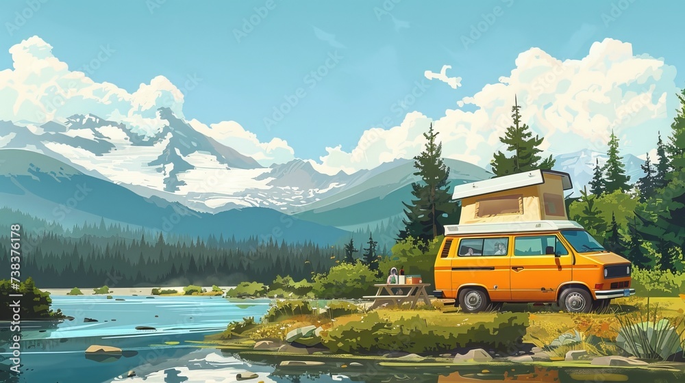 The family travels in a camper, embracing the freedom of life on the road. They enjoy overnight stays at campsites, parking their van wherever they go, reveling in the joy of adventure and relaxation.