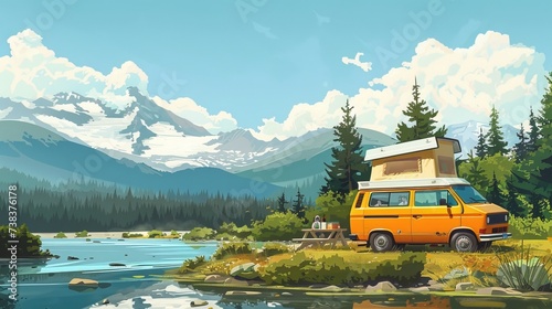 The family travels in a camper, embracing the freedom of life on the road. They enjoy overnight stays at campsites, parking their van wherever they go, reveling in the joy of adventure and relaxation. photo