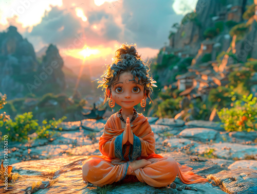 Girl child with big eyes doing yoga in the forest in lotus pose. Generative AI