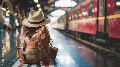 Backpack and hat at the train station with a traveler. Travel concept.
