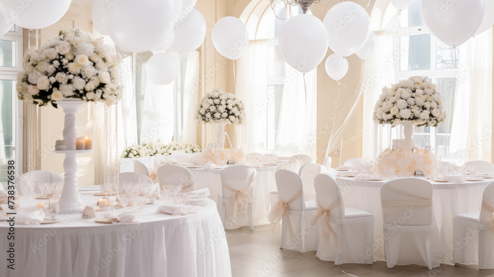 Zastawa stołowa na przyjęciu urodzinowym lub chrzcinach - dekoracja stołów na przyjęciu przez florystę i dekoratora. Piękne bukiety kwiatów na stoliku i balony - obrazy, fototapety, plakaty 