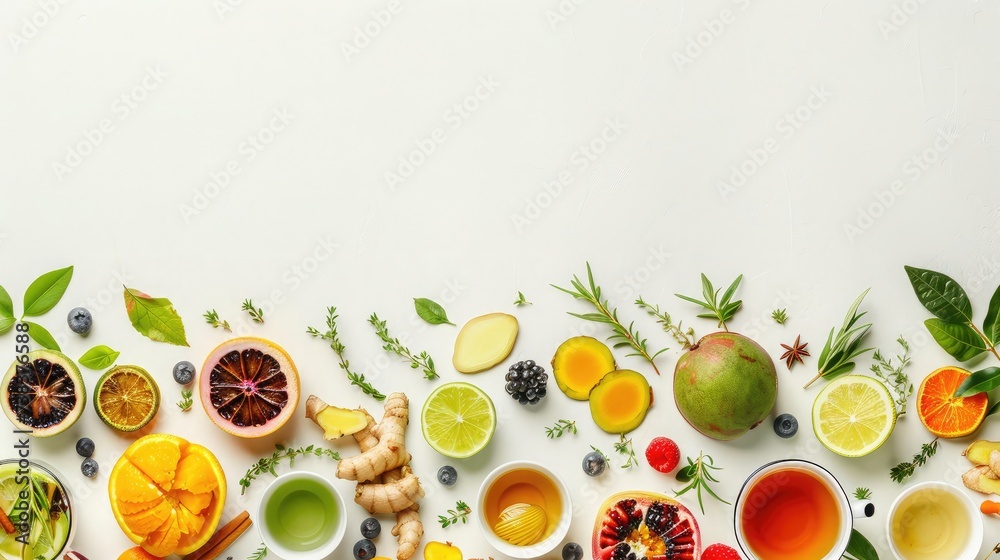 Creative layout made of cup of tea, green tea, black tea, fruit and herbal, tea, turmeric, ginger on white background.Flat lay. Food concept. Creative layout made of cup of tea, green tea, black tea, fruit and herbal, tea, turmeric, ginger on white background.Flat lay. Food concept.