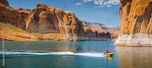 Man riding a jet ski on a desert mountain lake #738376521
