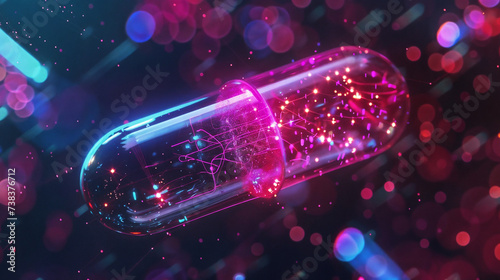Close-Up Capsule Pill with Embedded Particles, High-Tech Neon Abstract Background, Microscopic Elements Biolandscape, Futuristic Medicine Pharmaceutical Biotechnology Concept © Michael