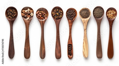 Dry tea with in wooden spoons. Top view