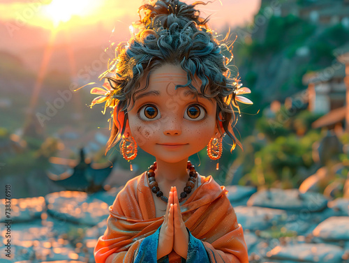 Girl child with big eyes doing yoga in the forest in lotus pose. Generative AI