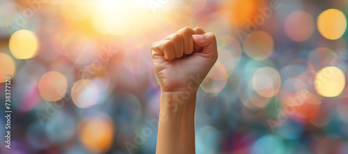 A powerful image of a woman raising her fist in a symbol of empowerment, Feminism, Women day, blurred background, with copy space