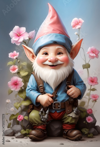 GNOME AMONG FLOWERS. VERTICAL. COLOR. photo