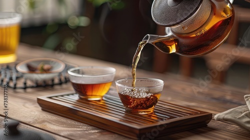 Pouring black tea into glass cup on wooden table