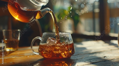 Pouring black tea into glass cup on wooden table
