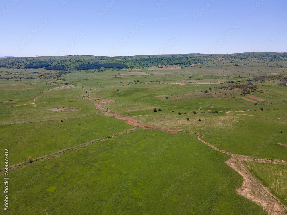 Spring Aerial view of rural land near town of Godech, Bulgaria