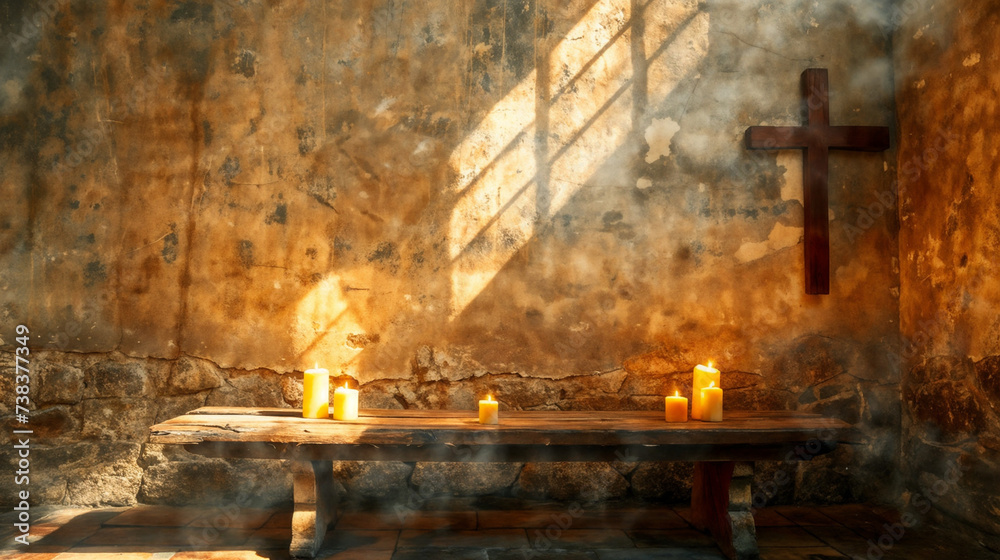 Rustic Chapel Interior with Glowing Candles, Wooden Cross on Bench, Aged Walls, Dramatic Lighting from a Vertical Window Illuminating Dust Particles, Mystical Atmosphere, Place for Worship or Contempl