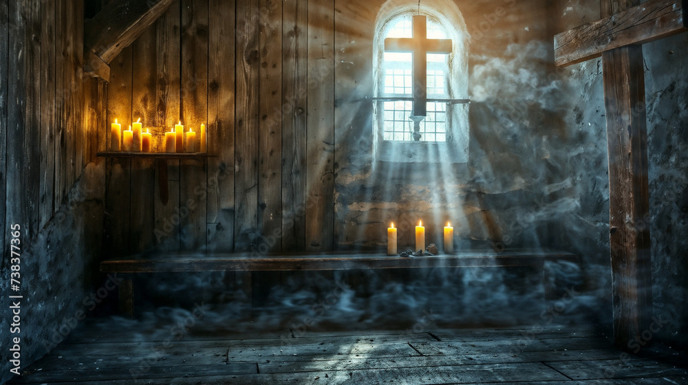 Rustic Chapel Interior with Glowing Candles, Wooden Cross on Bench, Aged Walls, Dramatic Lighting from a Vertical Window Illuminating Dust Particles, Mystical Atmosphere, Place for Worship or Contempl