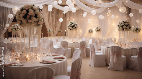 Zastawa stołowa na przyjęciu weselnym lub urodzinach i chrzcinach - dekoracja stołu weselnego w ogrodzie przez florystę i dekoratora. Piękne bukiety kwiatów na stoliku photo