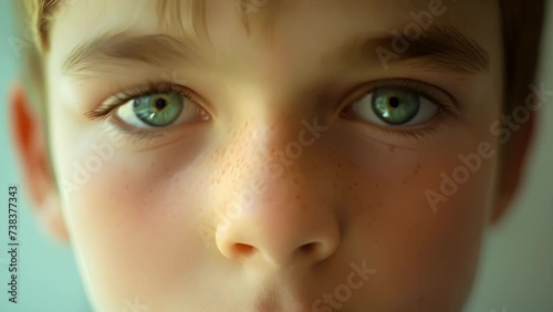 A teenage boy avoids eye contact with a sense of mistrust towards those around him, Close Up of a Young Boy With Blue Eyes photo