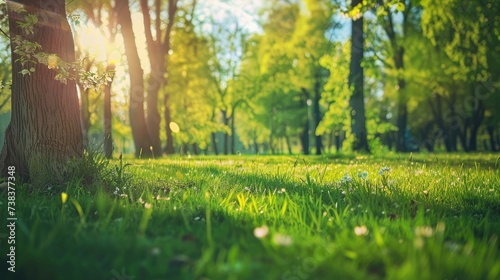 Spring Nature. Beautiful Landscape. Park with Green Grass and Trees. Tranquil Background