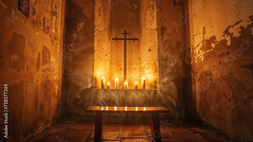 Rustic Chapel Interior with Glowing Candles, Wooden Cross on Bench, Aged Walls, Dramatic Lighting from a Vertical Window Illuminating Dust Particles, Mystical Atmosphere, Place for Worship or Contempl photo