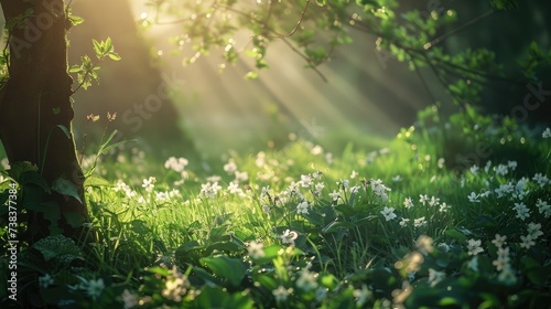 Sunlight in the green forest  spring time