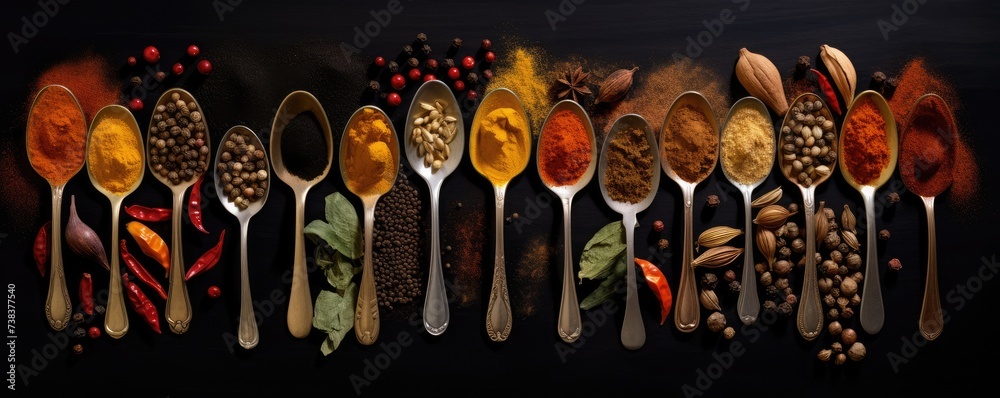Fototapeta premium Various of colorful herbs and spices in spoons for cooking on wooden table. Asian, Italian or Indian seasoning. Cumin, chili pepper, curry powder, salt, pepper, garlic, cinnamon. Flat lay, top view