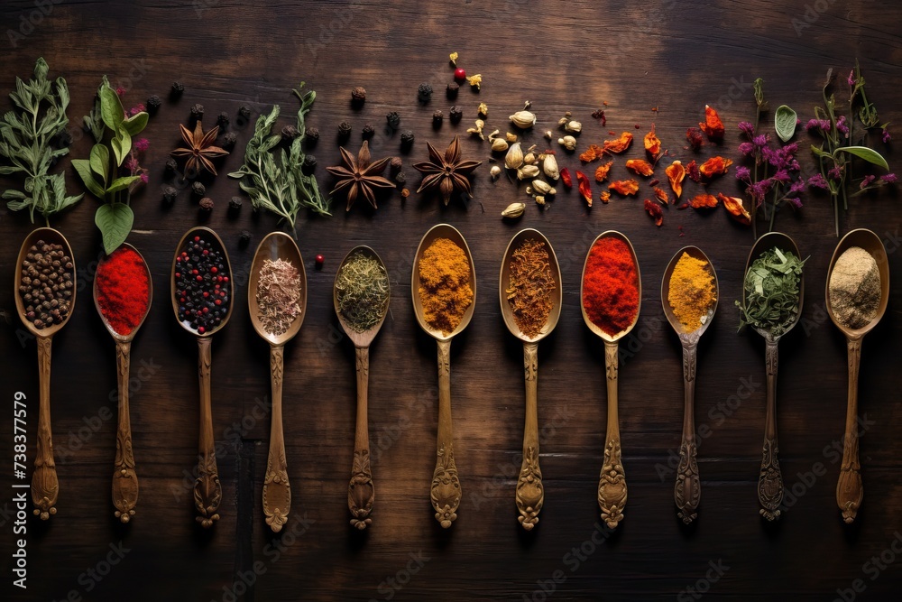 Various of colorful herbs and spices in spoons for cooking on wooden table. Asian, Italian or Indian seasoning. Cumin, chili pepper, curry powder, salt, pepper, garlic, cinnamon. Flat lay, top view - obrazy, fototapety, plakaty 