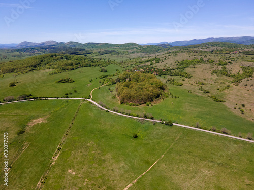 Spring Aerial view of rural land near town of Godech, Bulgaria photo