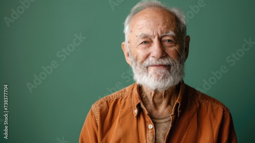 Elderly gentleman with a beard on a soft green background, showing a wise smile, dressed in a classic button-up shirt photo