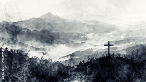 Monochromatic Artistic Landscape of Mountainous Region with Solitary Cross Symbolizing Christian Faith, Spirituality, Memorialization, Serene Watercolor Style Scenery Embodying Atmospheric and Somber 