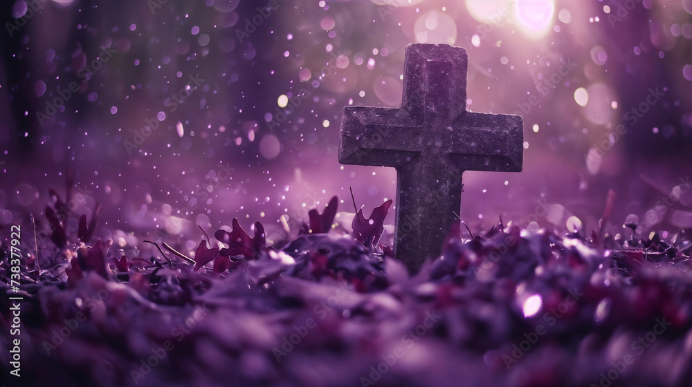 Weathered Cross on Ground Amidst Particles in Purple Hue, Outdoor Religious Symbol, Stone Grave Marker, Ethereal Atmosphere with Bokeh Light Effects, Serene Vibrant Scene, Faith and Spirituality in a 