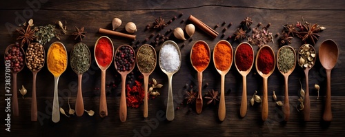 Various of colorful herbs and spices in spoons for cooking on wooden table. Asian, Italian or Indian seasoning. Cumin, chili pepper, curry powder, salt, pepper, garlic, cinnamon. Flat lay, top view photo
