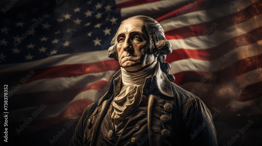 Obraz premium Statue of George Washington, american flag on the background
