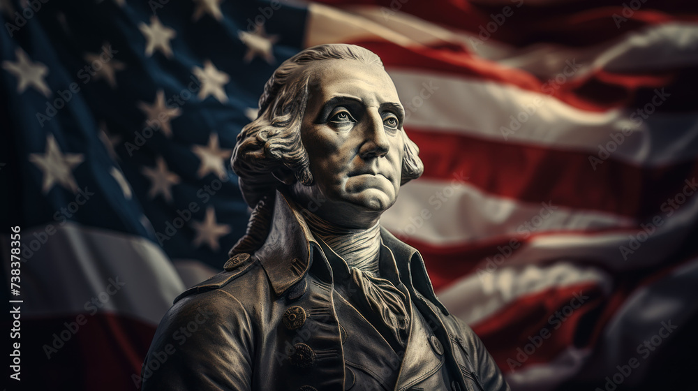 Statue of George Washington, american flag on the background Statue of George Washington, american flag on the background