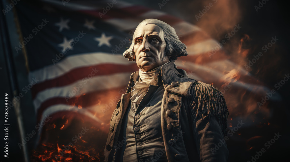 Statue of George Washington, american flag on the background Statue of George Washington, american flag on the background