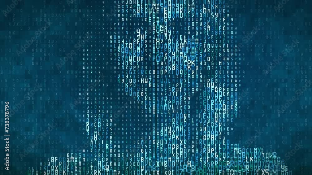 A computer screen showing a hexadecimal code in the shape of a woman's talking head. It's a trained artificial intelligence that knows everything. The process of neural diffusion learning, 3d render.