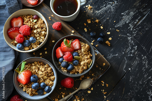 A healthy breakfast. Oatmeal muesli crumble with fresh berries, seeds in a bowl on a dark wooden board and cups of coffee on a black background, top view, copy space © Olivia