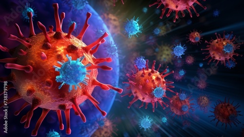 A 3D rendering vividly showcases a cluster of coronaviruses, marking the active battleground of an immune response in a mesmerizing display of color and form.
