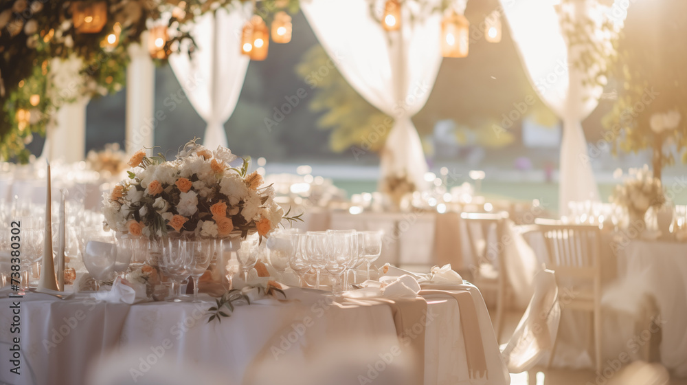 Zastawa stołowa na przyjęciu weselnym - dekoracja stołu weselnego w ogrodzie przez florystę i dekoratora. Piękne bukiety kwiatów na stoliku - obrazy, fototapety, plakaty 