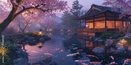 The warm sunset glow reflects on the tranquil waters of a koi pond by a traditional Japanese pavilion  surrounded by the soft pink hues of cherry blossoms. Resplendent.
