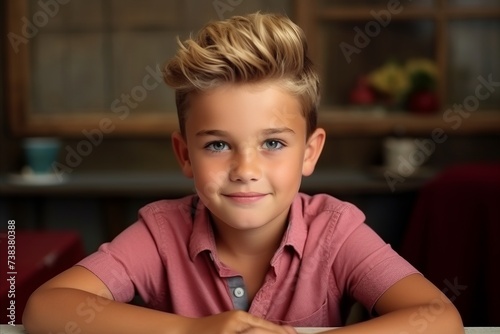 Portrait of a cute young boy sitting at the table at home
