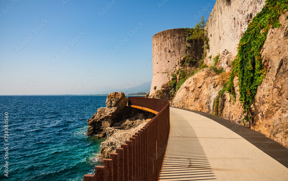 Corsica, Bastia Porto Vecchio fortress view from promenade Aldilonda, which means “Above the Sea” in Corsican, Corsica island, France.